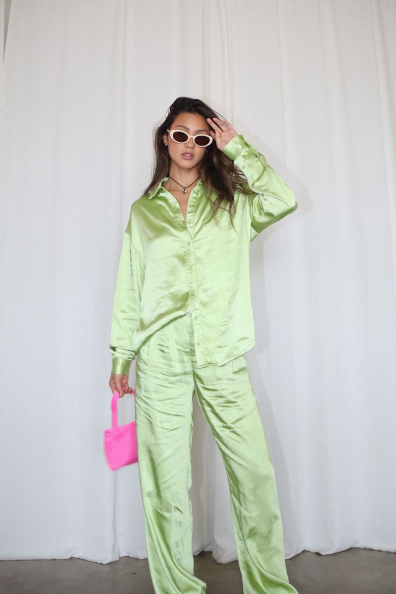 Kiwi Heavy Satin Button Down Top Clothing Bailey Rose