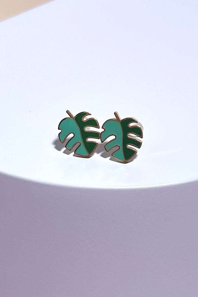 Monstera Leaf Enamel Charm Stud Earrings Earrings Mure + Grand Gold