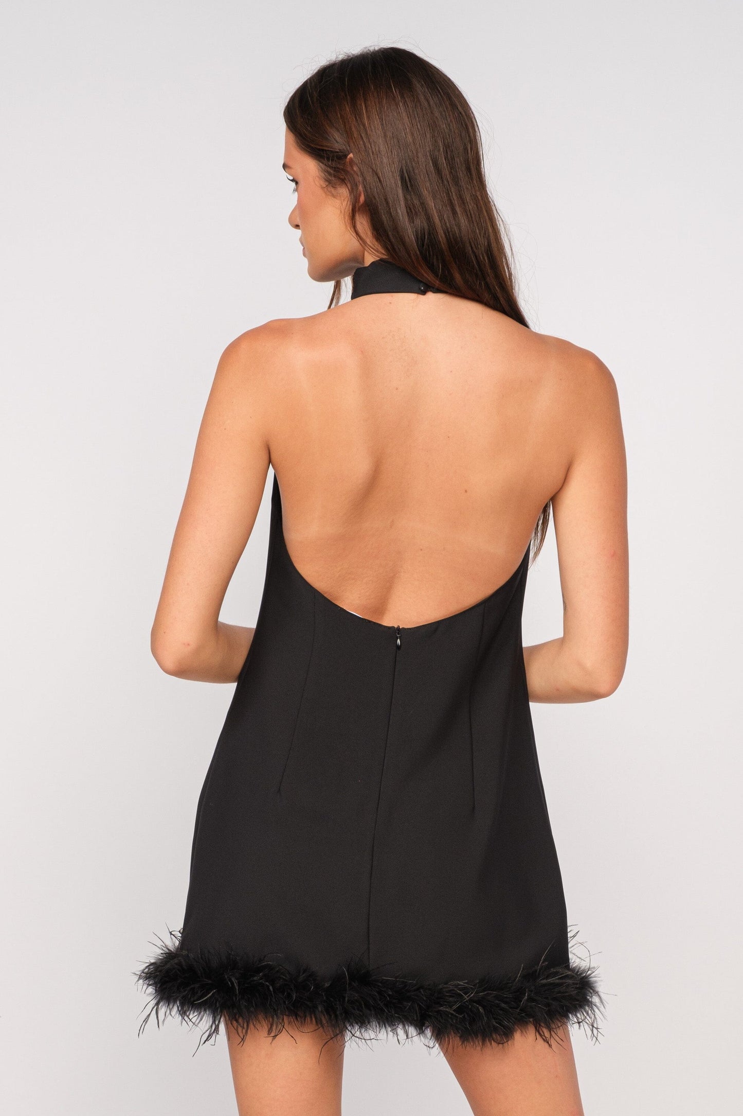 Odile Low Back Feather Trim Mini Dress Clothing Sky to Moon