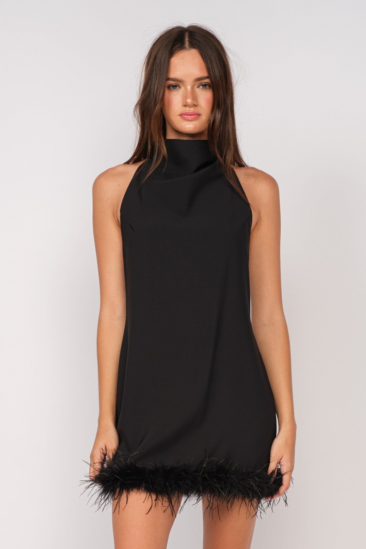 Odile Low Back Feather Trim Mini Dress Clothing Sky to Moon