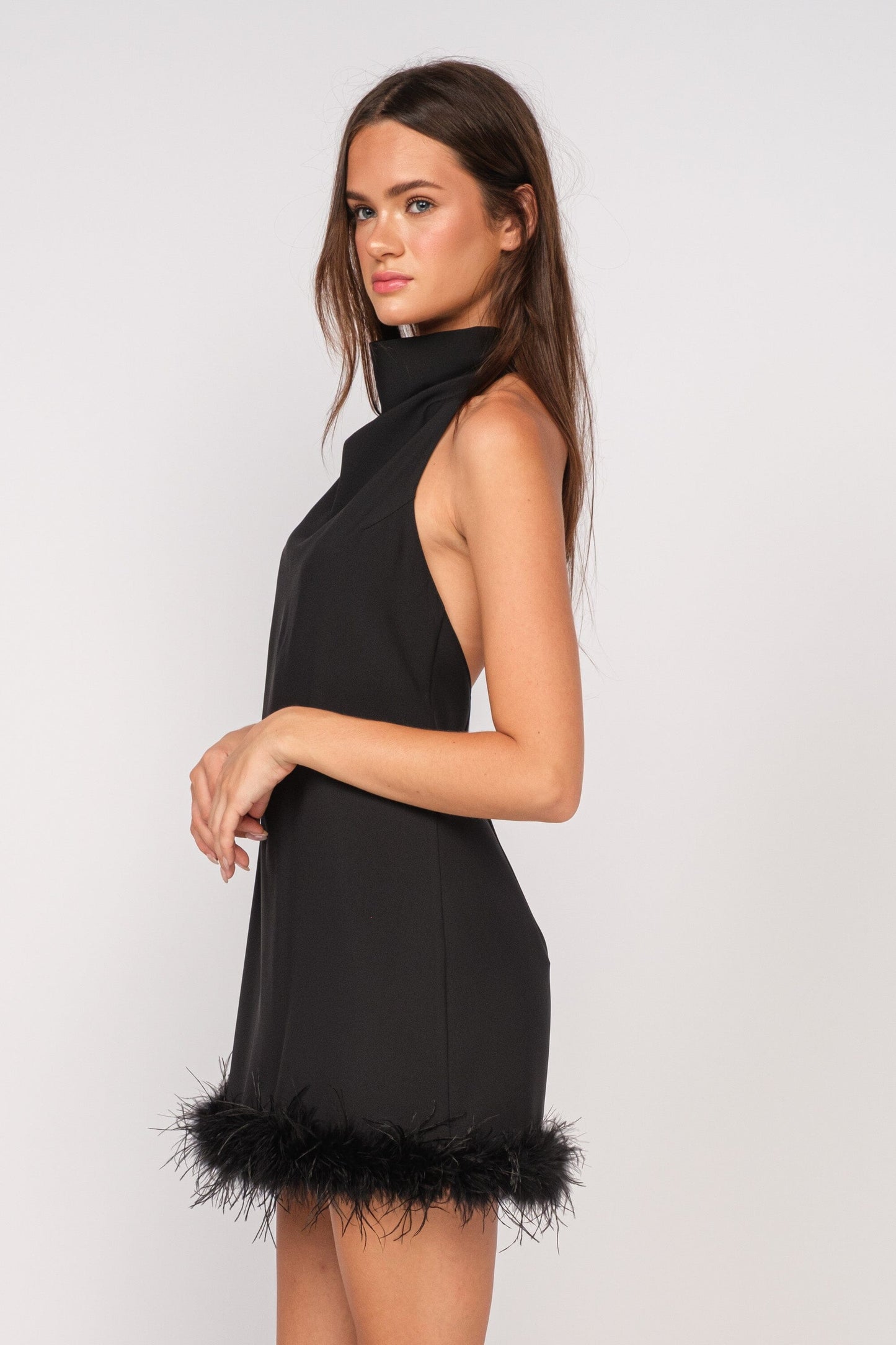Odile Low Back Feather Trim Mini Dress Clothing Sky to Moon