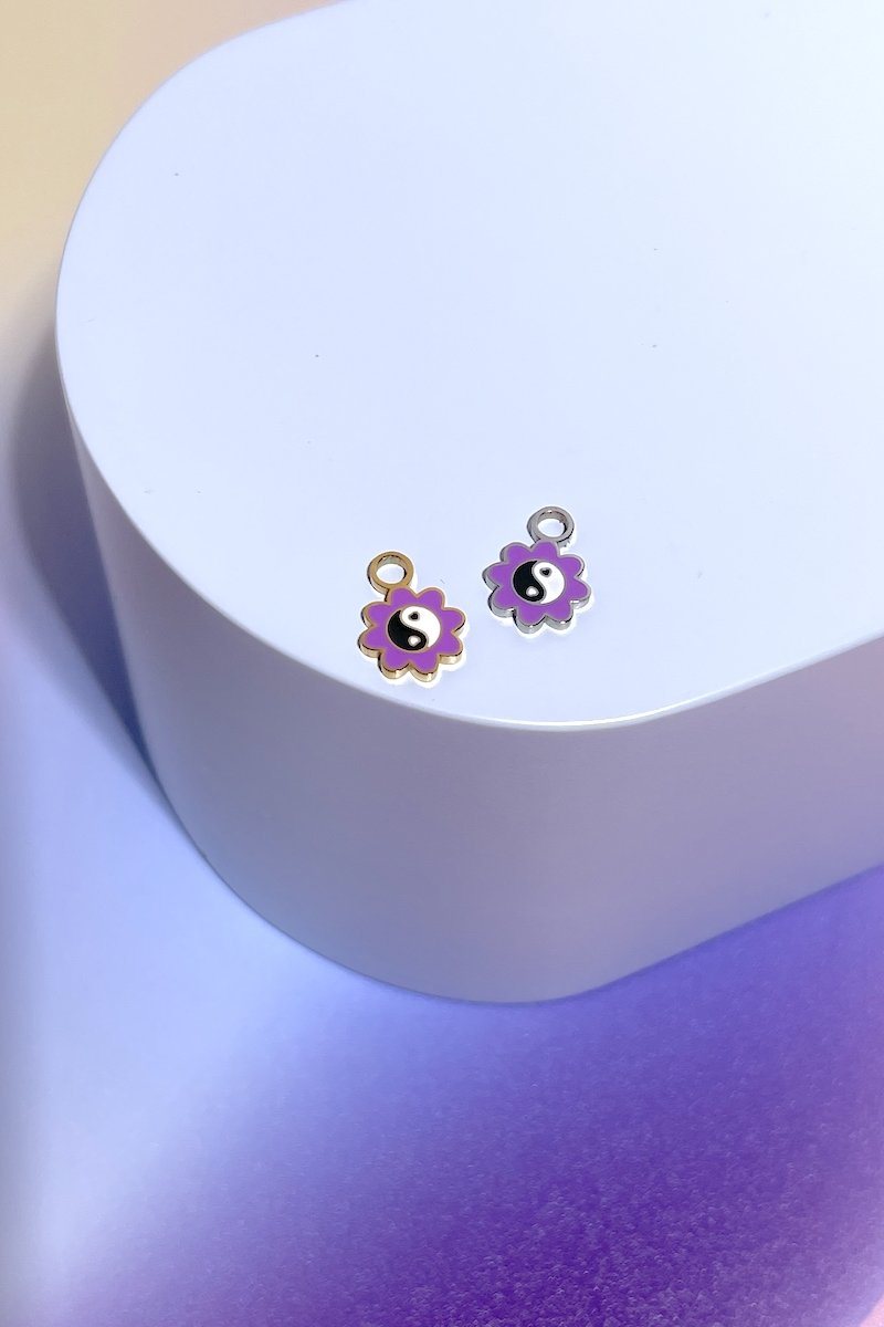 Purple Flower Yin Yang Enamel Dangle Charm Earrings Mure + Grand Silver