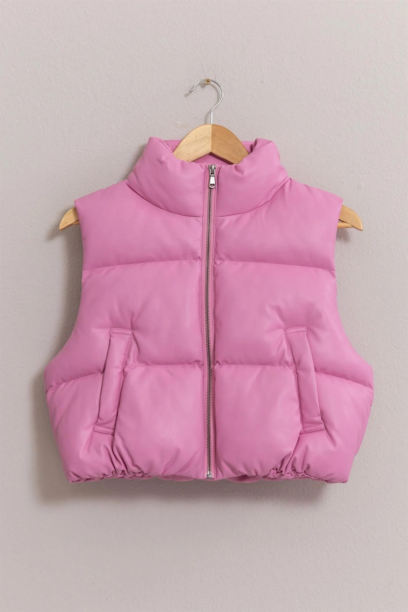 Harriet Rose Pink Leather Cropped Puffer Vest