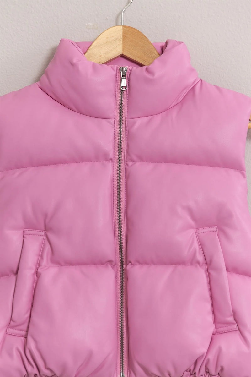 Harriet Rose Pink Leather Cropped Puffer Vest