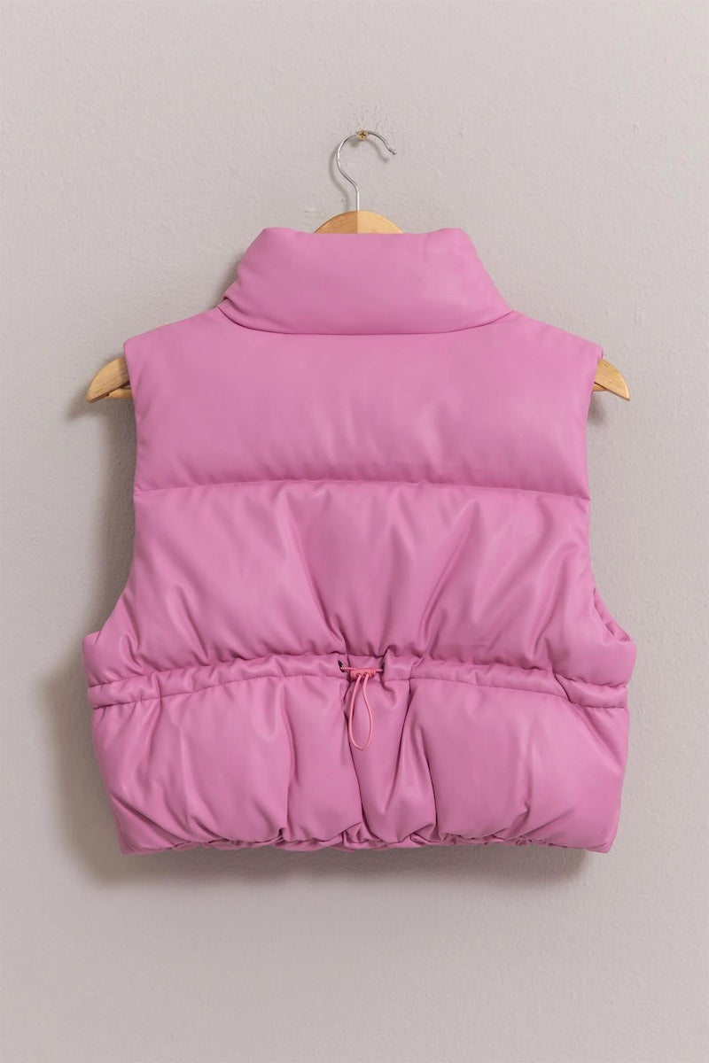 Harriet Rose Pink Leather Cropped Puffer Vest