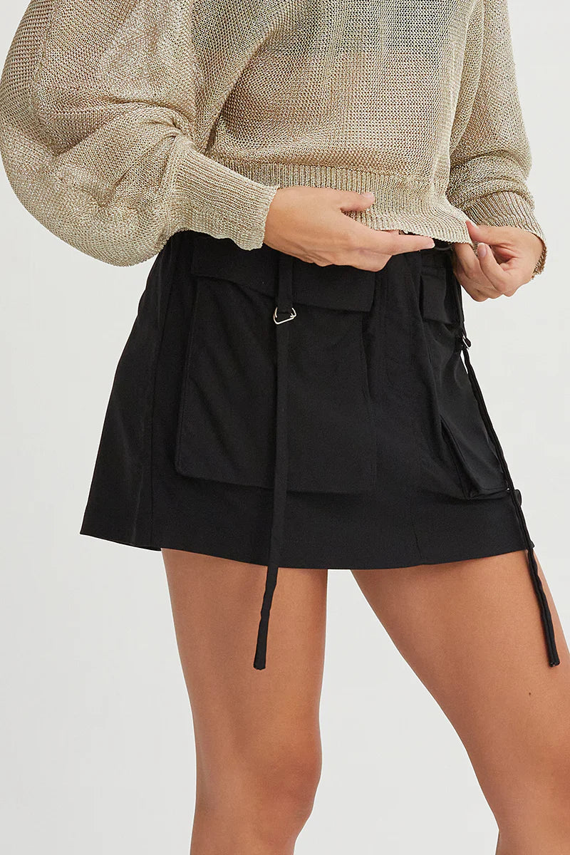 Sienna Black Drawstring Cargo Mini Skirt