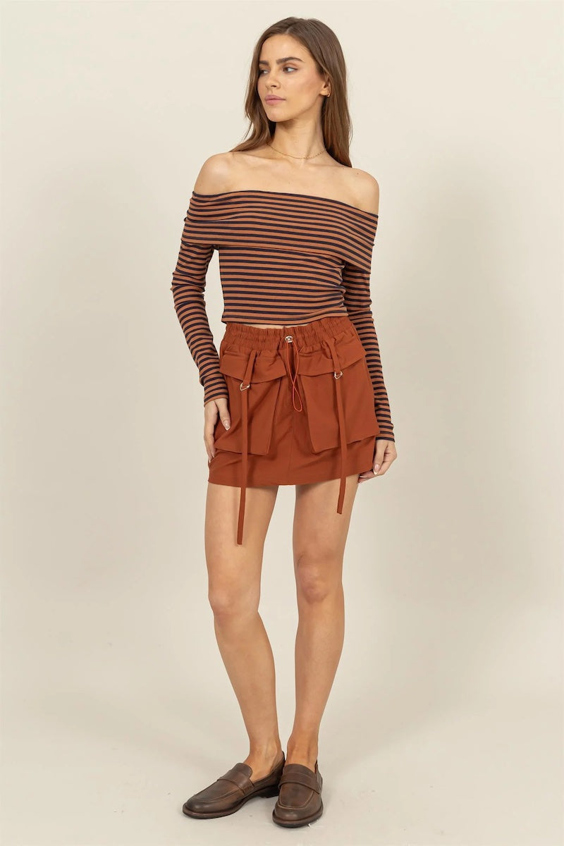 Sienna Brown Drawstring Cargo Mini Skirt