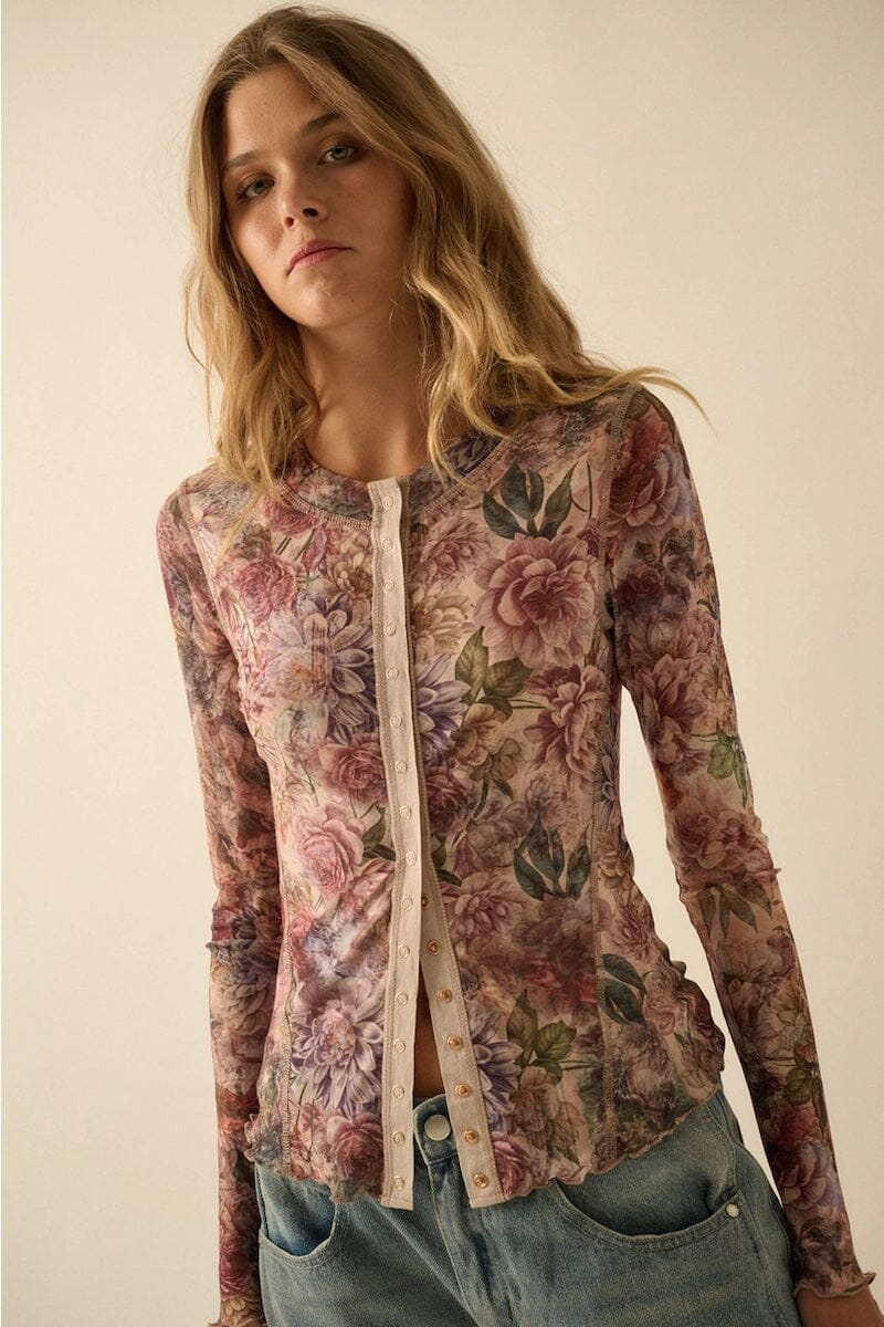 Adley Floral Print Mesh Snap Front Top Clothing Luvée 
