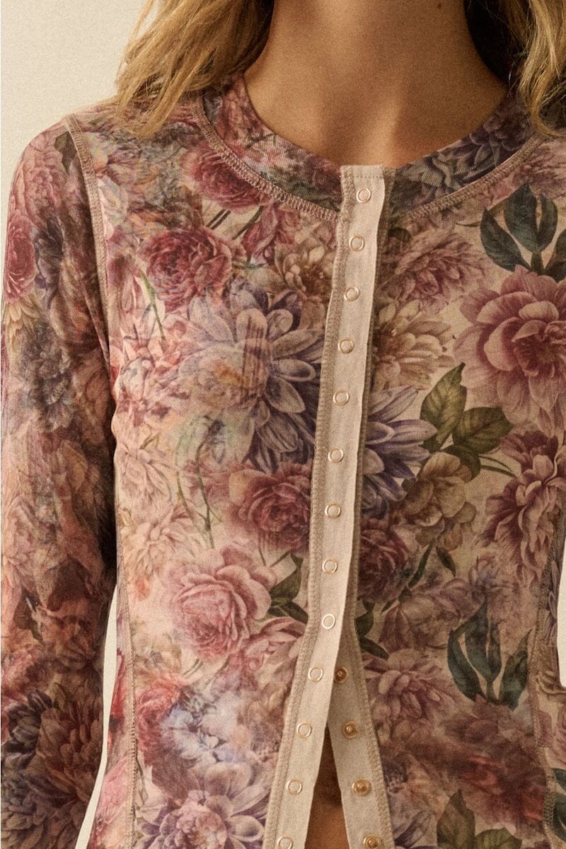 Adley Floral Print Mesh Snap Front Top Clothing Luvée 