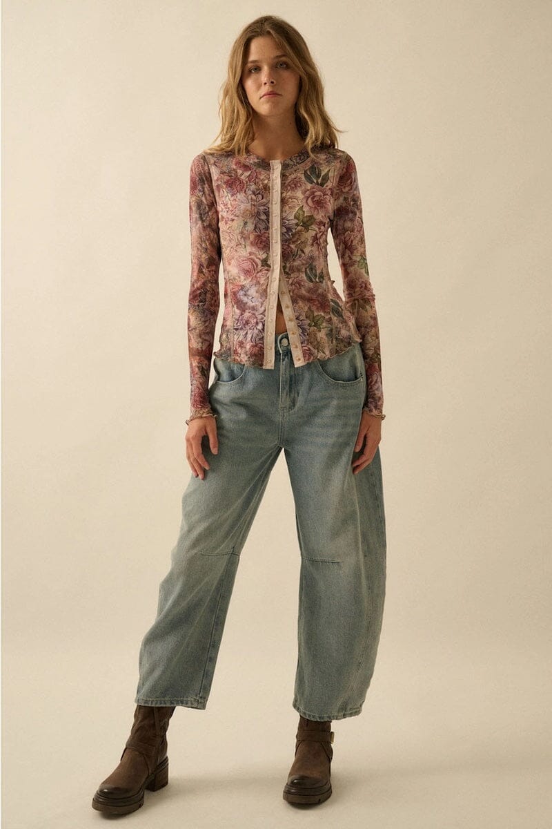 Adley Floral Print Mesh Snap Front Top Clothing Luvée 
