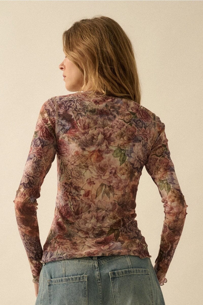 Adley Floral Print Mesh Snap Front Top Clothing Luvée 