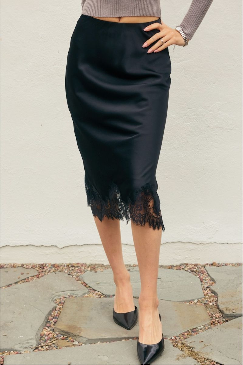 Aliya Dull Satin Lace Hem Pencil Midi Skirt Clothing Dress Forum 