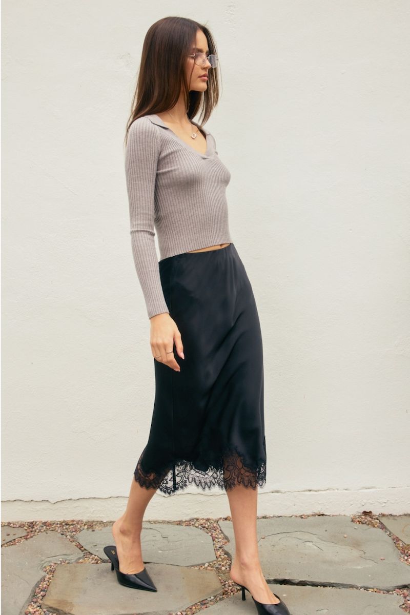 Aliya Dull Satin Lace Hem Pencil Midi Skirt Clothing Dress Forum 