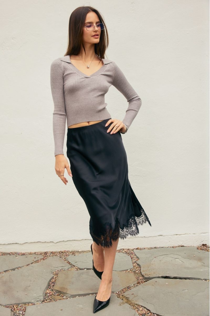 Aliya Dull Satin Lace Hem Pencil Midi Skirt Clothing Dress Forum 
