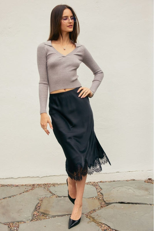Aliya Dull Satin Lace Hem Pencil Midi Skirt Clothing Dress Forum 