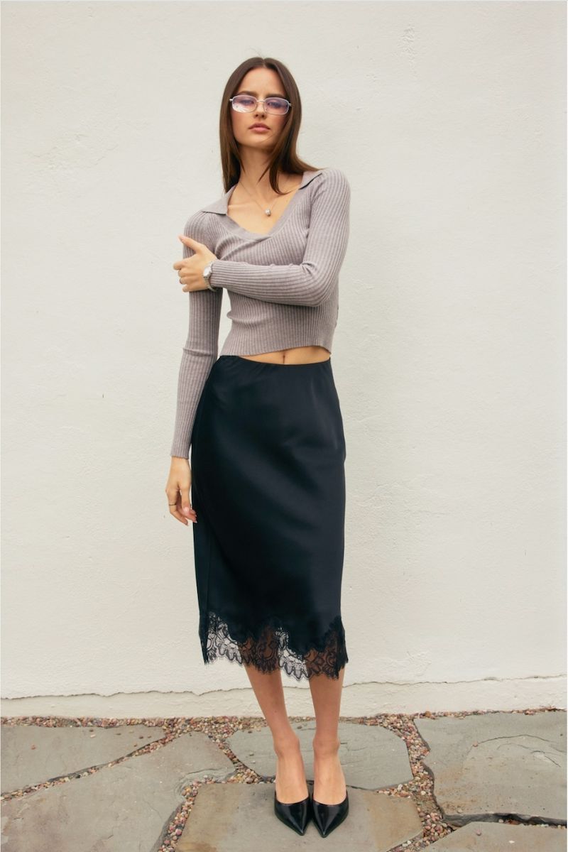 Aliya Dull Satin Lace Hem Pencil Midi Skirt Clothing Dress Forum 