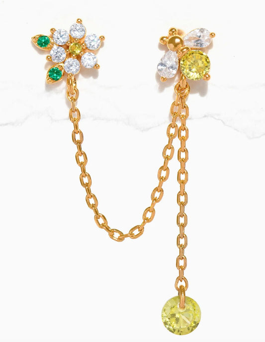 Bee On Flower Sterling Silver Chain Link Earrings mure + grand 