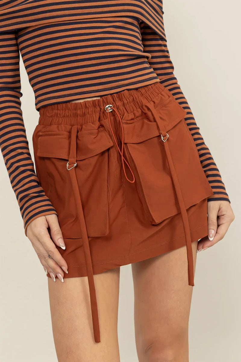 Sienna Brown Drawstring Cargo Mini Skirt