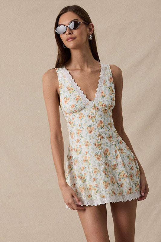 Canne Floral V-Neck Scallop Lace Mini Dress Clothing Sky to Moon 