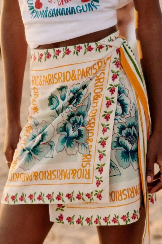 Carlee Vacation Print Asymmetrical Mini Skirt Clothing Sky to Moon 