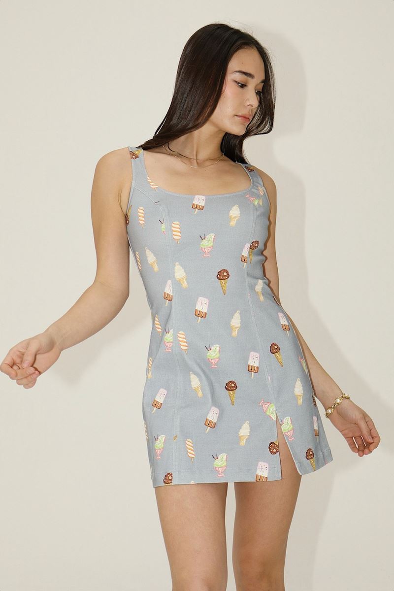 Carmella Ice Cream Printed Mini Dress With Side Slit Detail Clothing Bailey Rose 