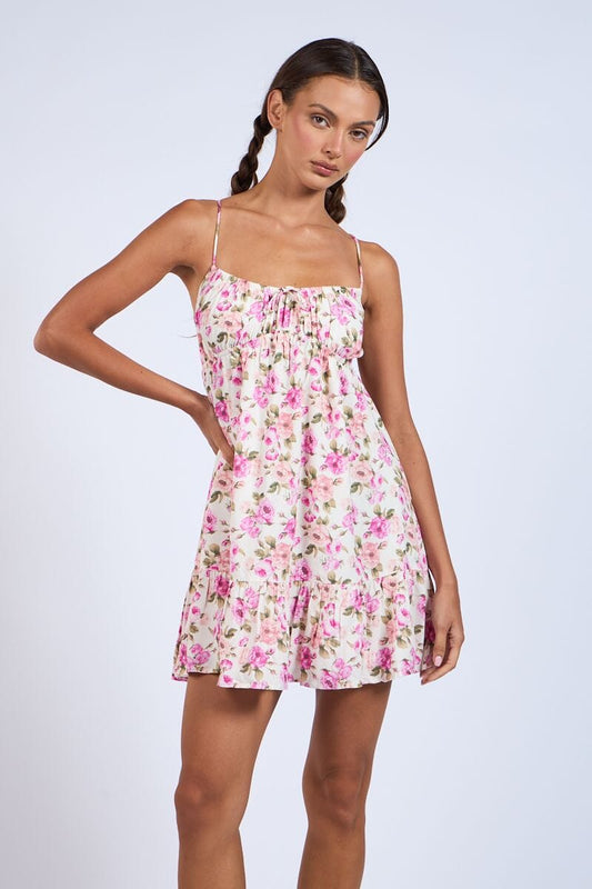 Estrella Floral Print Open Back with Tie Mini Dress Clothing Sky to Moon 