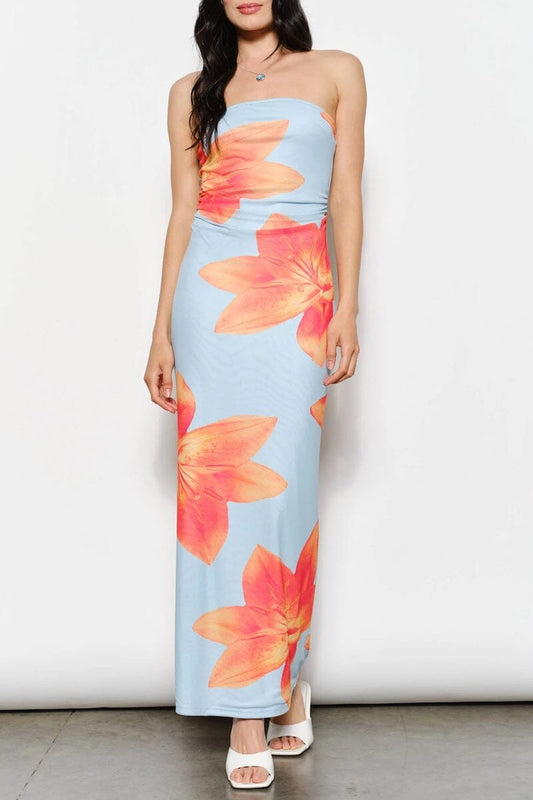 Evelyn Strapless Floral Print Maxi Dress Clothing Pretty Garbage 