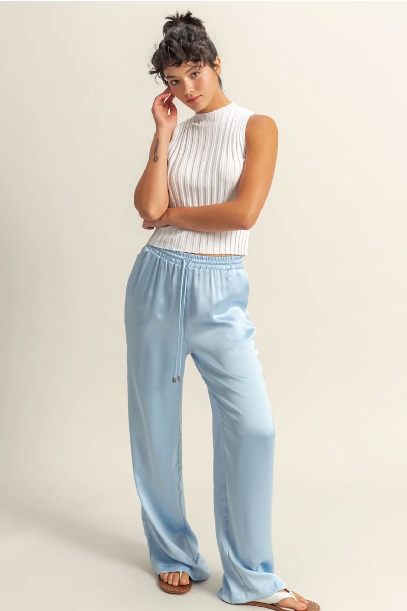 Fariha Drawstring Waist Wide Leg Satin Pants Clothing Hyfve Ice Blue S 