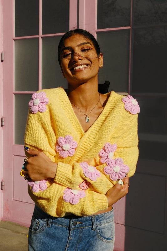 Flowers Follow the Sun Puff Cardigan Sweater mure + grand 