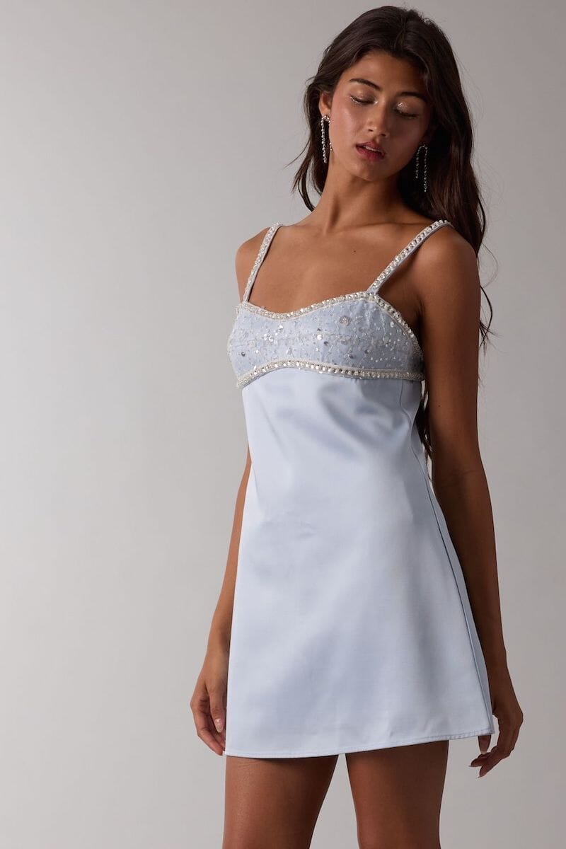 Frances Jeweled Bust Plain Zipper Mini Dress Clothing Sky to Moon 