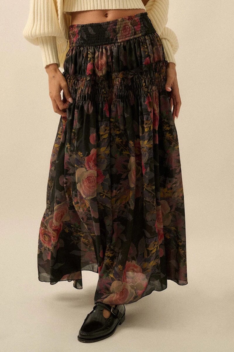 Garden Ramble Smocked Floral Chiffon Maxi Skirt Clothing Promesa 