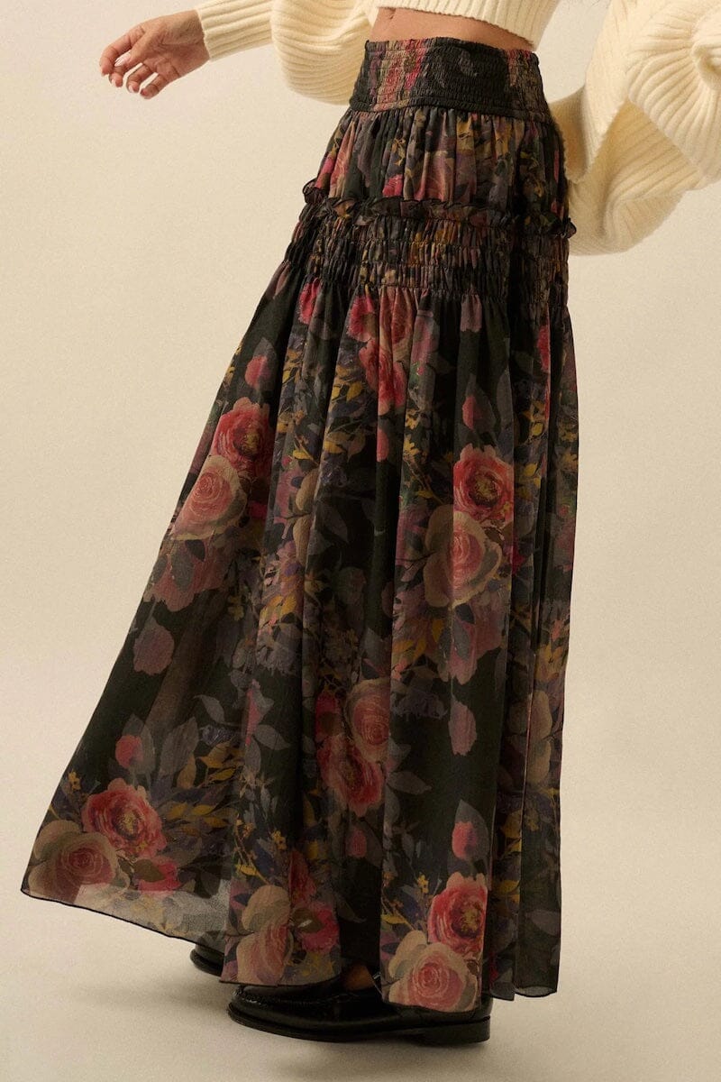 Garden Ramble Smocked Floral Chiffon Maxi Skirt Clothing Promesa 