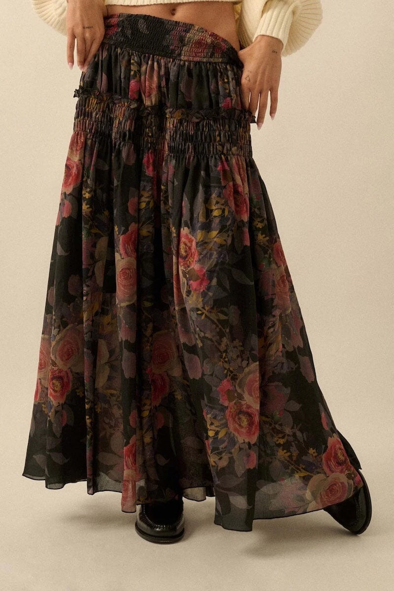 Garden Ramble Smocked Floral Chiffon Maxi Skirt Clothing Promesa 