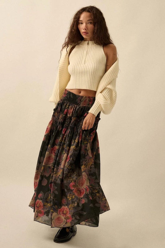 Garden Ramble Smocked Floral Chiffon Maxi Skirt Clothing Promesa 