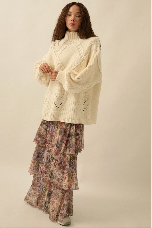 Hilda Floral-Print Mesh Tiered Side-Ruffle Maxi Skirt Clothing Promesa 