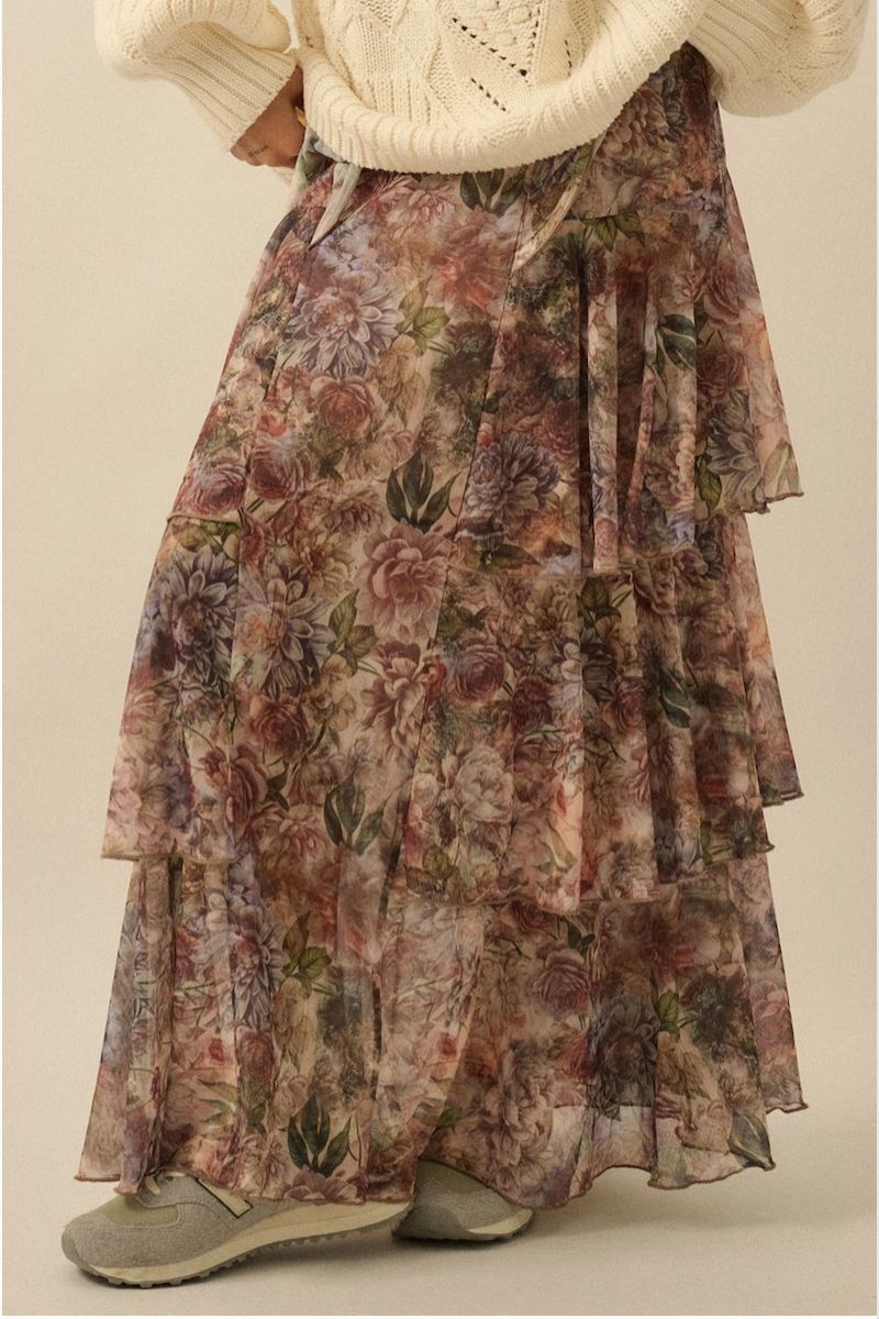 Hilda Floral-Print Mesh Tiered Side-Ruffle Maxi Skirt Clothing Promesa 