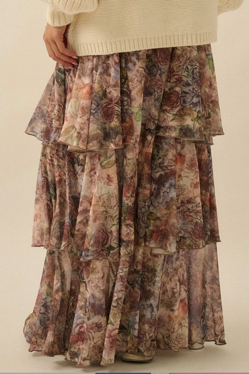 Hilda Floral-Print Mesh Tiered Side-Ruffle Maxi Skirt Clothing Promesa 