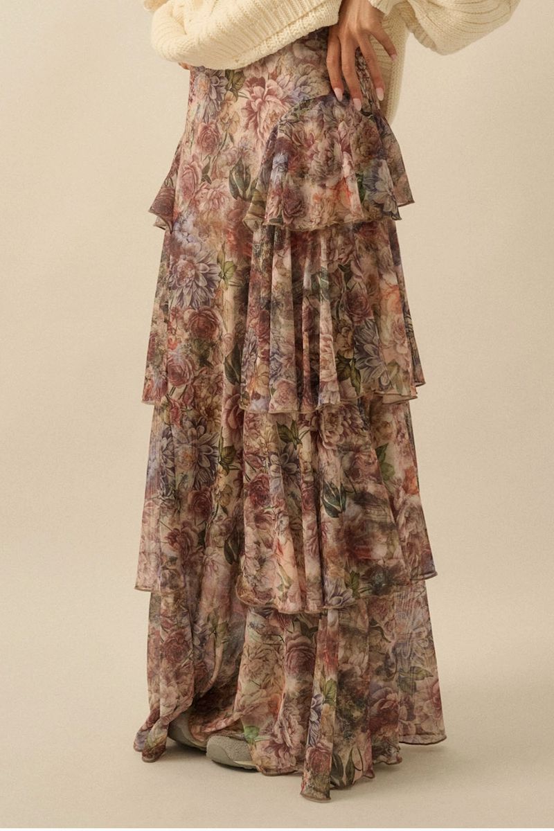 Hilda Floral-Print Mesh Tiered Side-Ruffle Maxi Skirt Clothing Promesa 