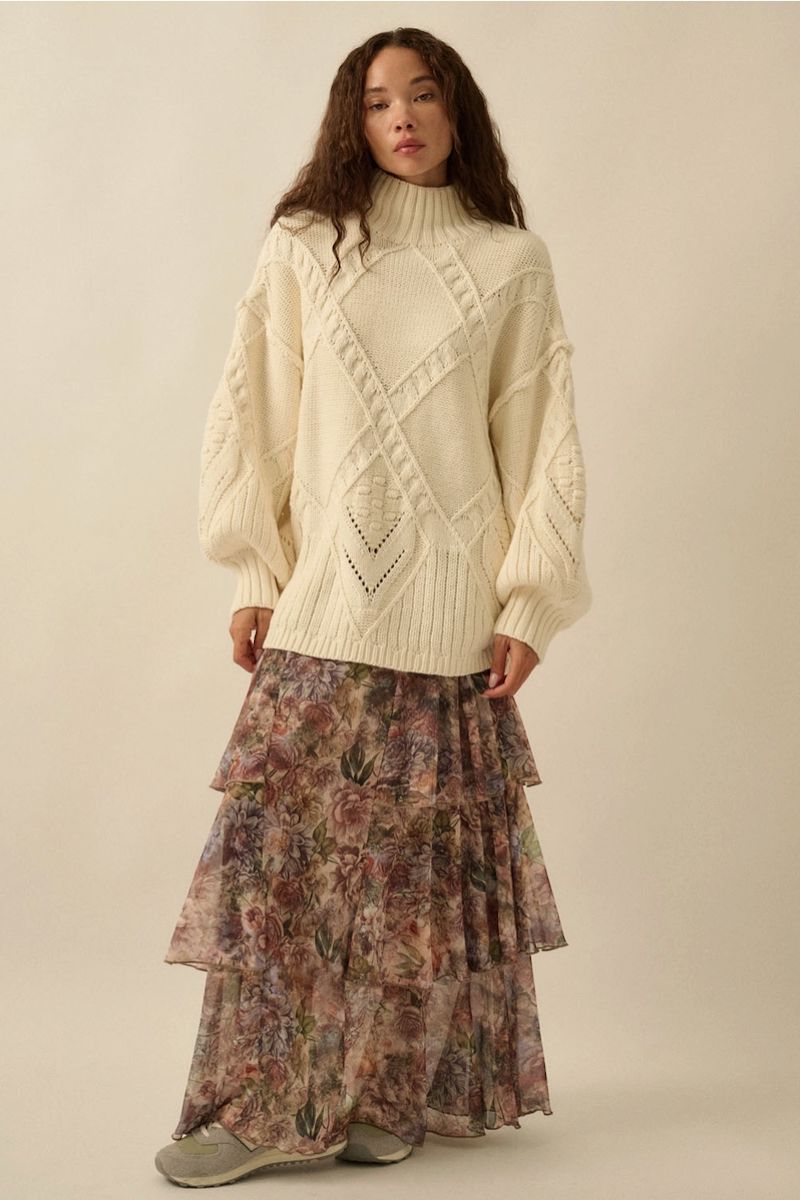 Hilda Floral-Print Mesh Tiered Side-Ruffle Maxi Skirt Clothing Promesa 