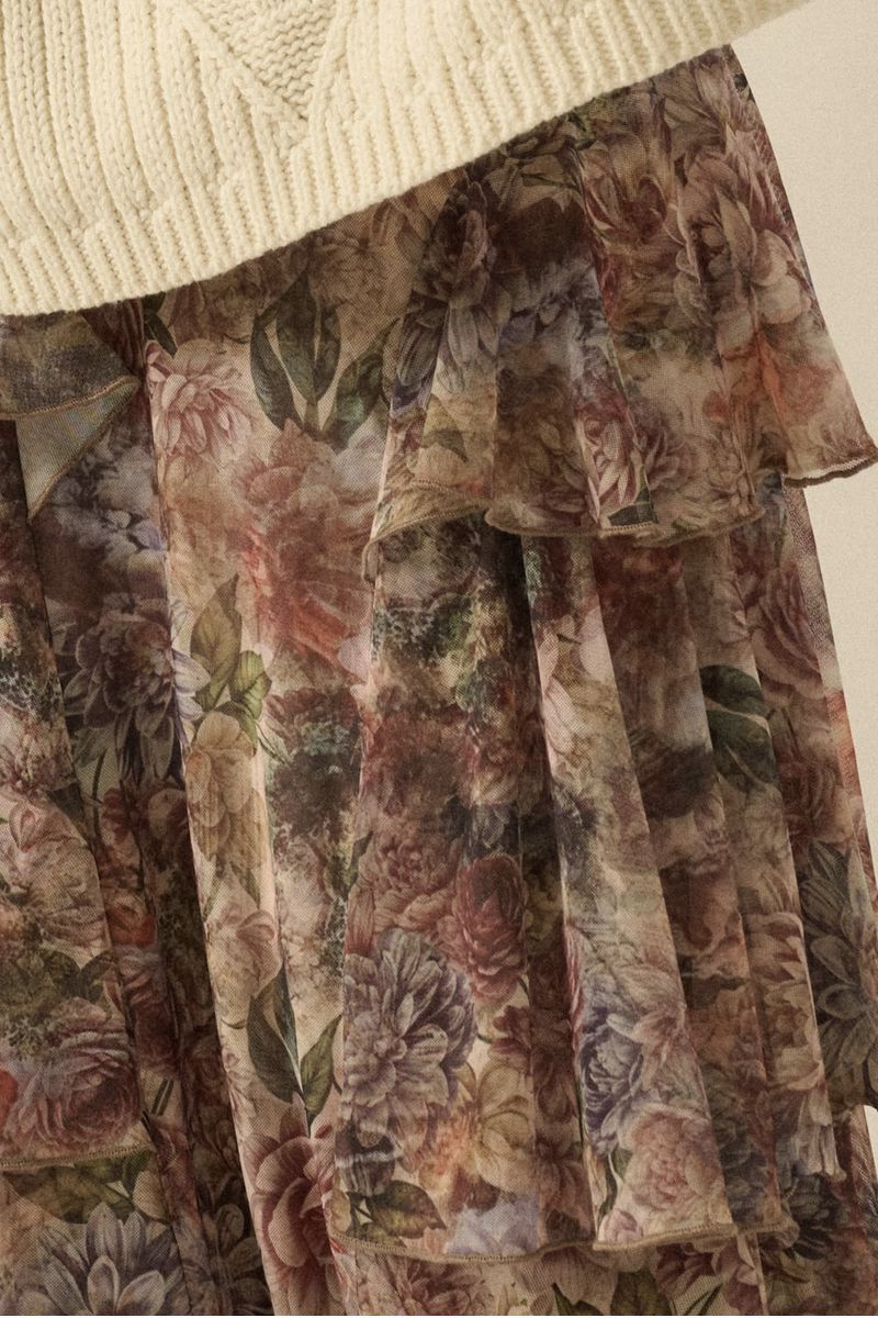 Hilda Floral-Print Mesh Tiered Side-Ruffle Maxi Skirt Clothing Promesa 
