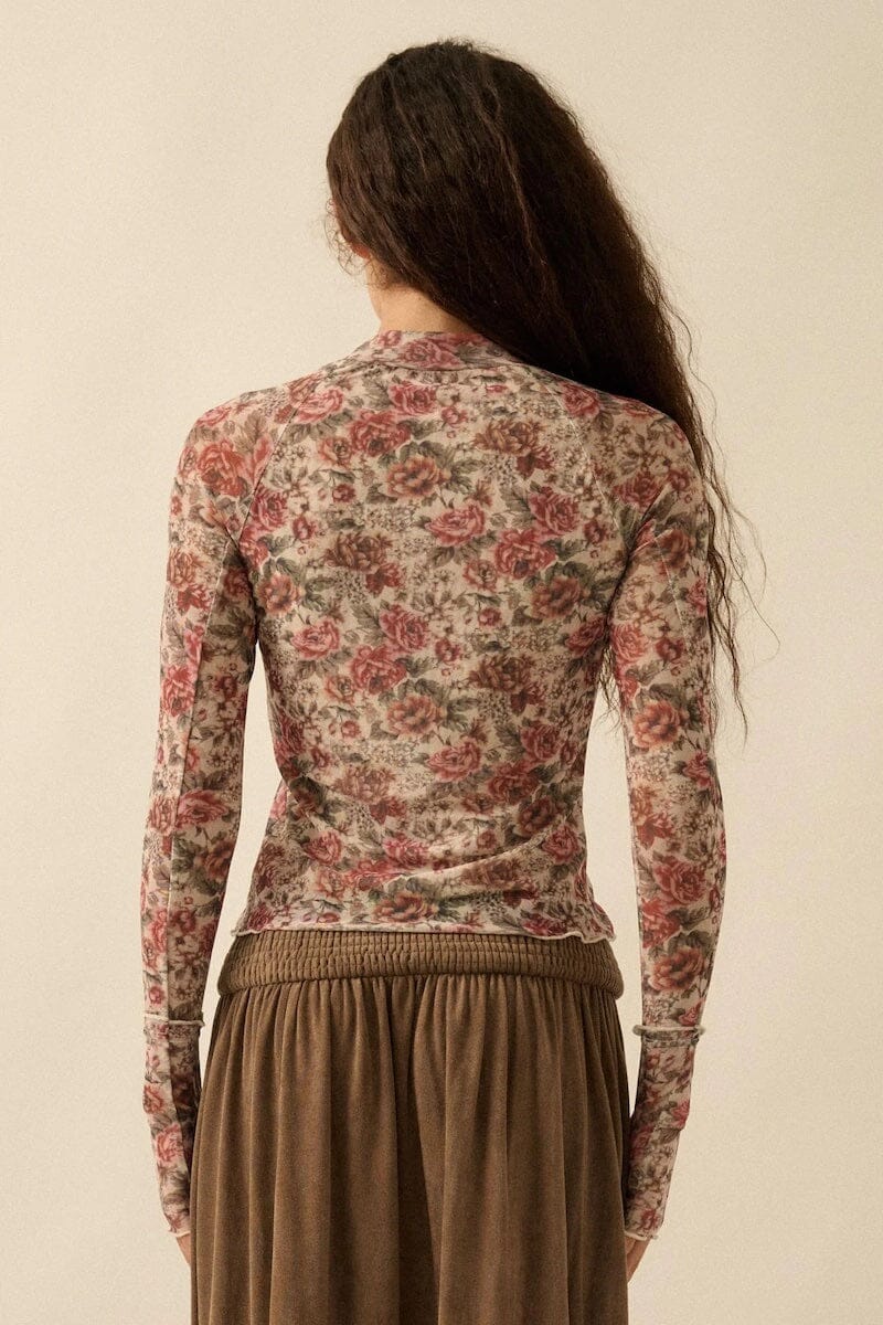 Isolde Roses Floral Mesh Mock-Neck Top Clothing Promesa 