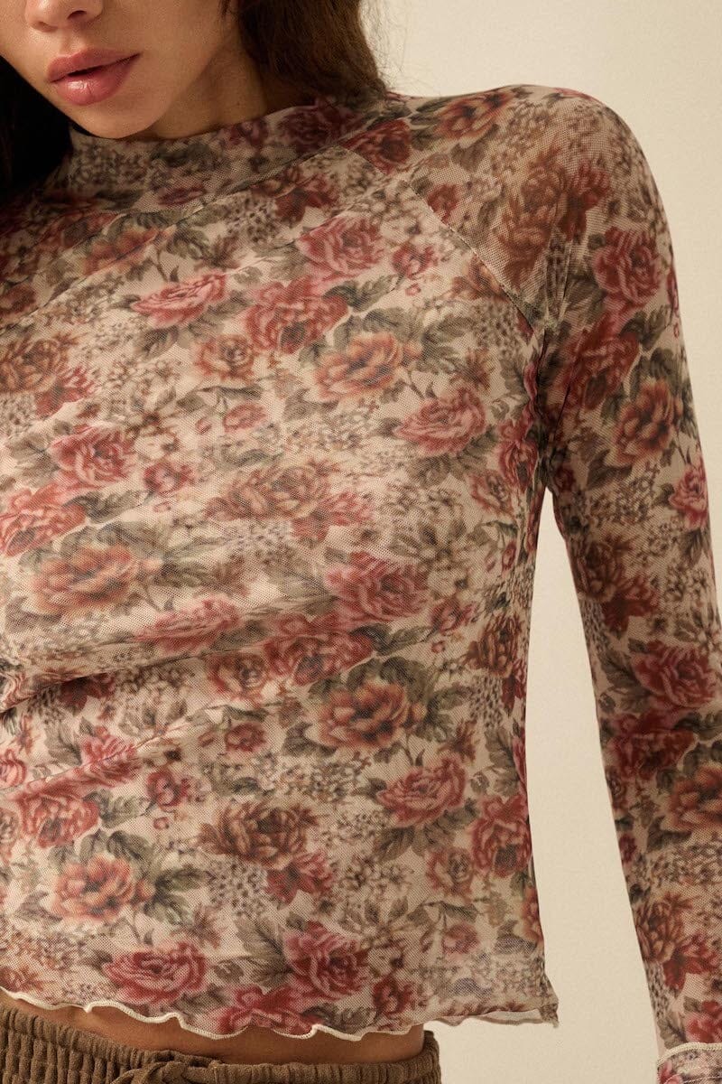 Isolde Roses Floral Mesh Mock-Neck Top Clothing Promesa 