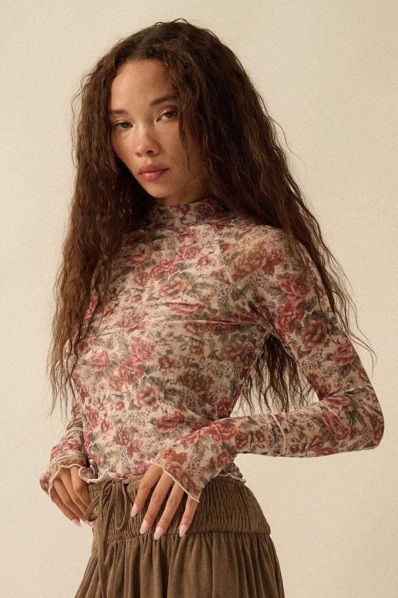 Isolde Roses Floral Mesh Mock-Neck Top Clothing Promesa 