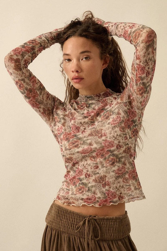 Isolde Roses Floral Mesh Mock-Neck Top Clothing Promesa 