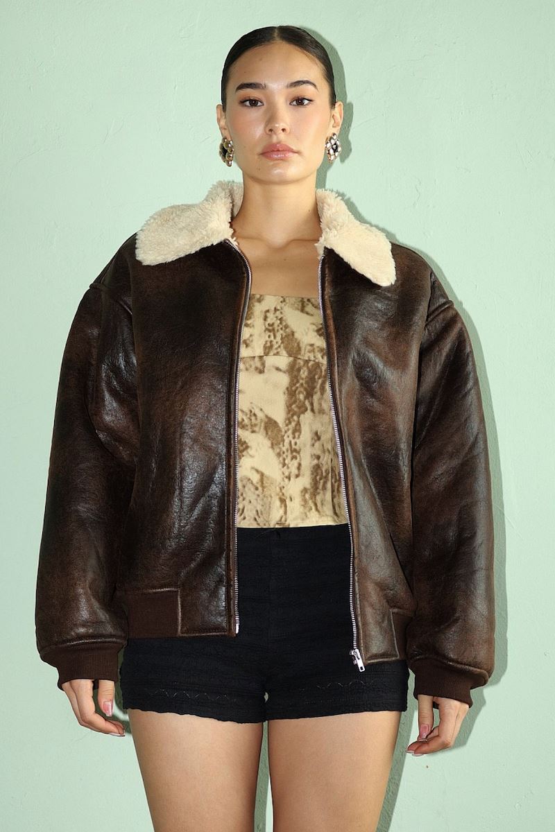 Ivey Washed Pu Shearling Bomber Jacket Clothing Bailey Rose 