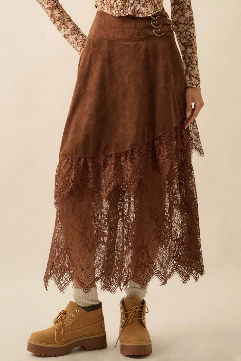 Julia Suede and Lace Buckled-Waist Maxi Skirt Clothing Promesa 