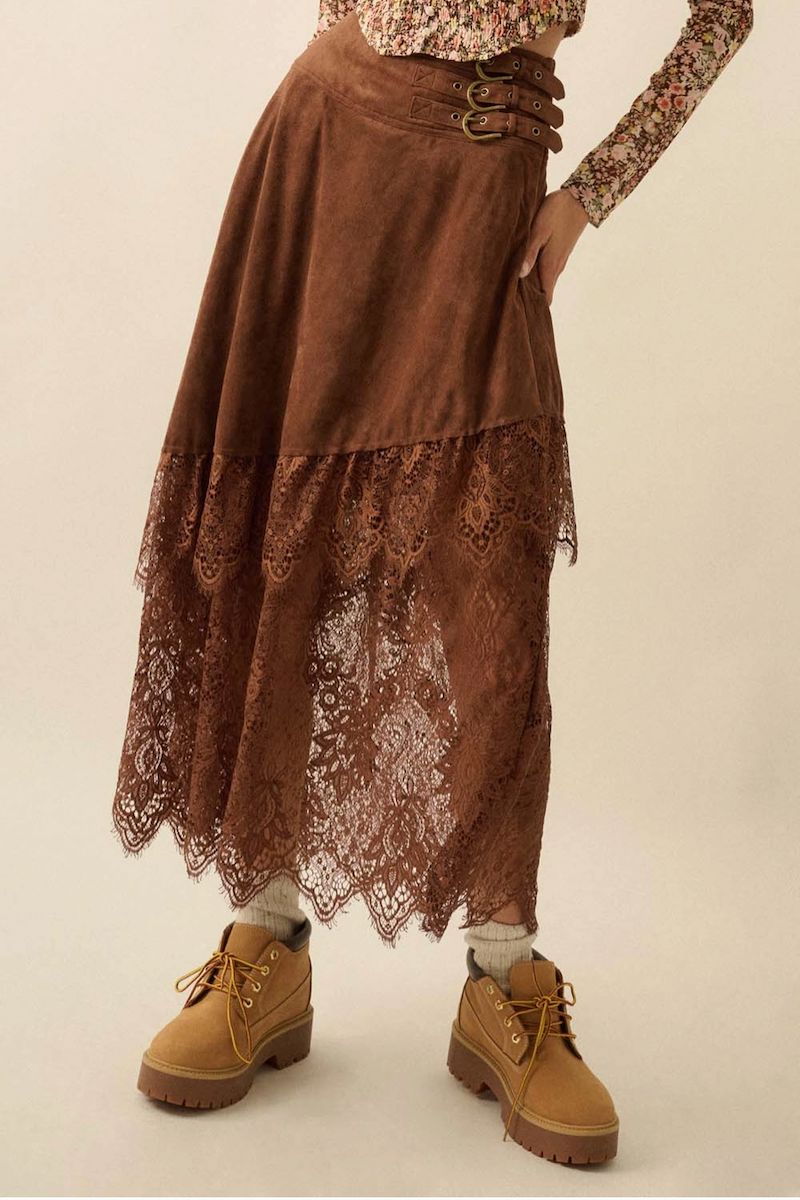Julia Suede and Lace Buckled-Waist Maxi Skirt Clothing Promesa 