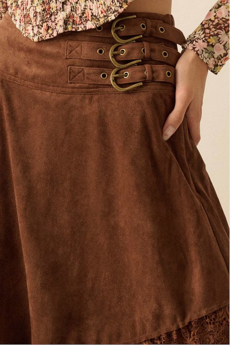 Julia Suede and Lace Buckled-Waist Maxi Skirt Clothing Promesa 