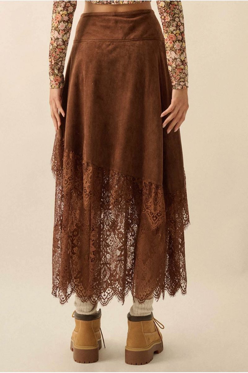 Julia Suede and Lace Buckled-Waist Maxi Skirt Clothing Promesa 