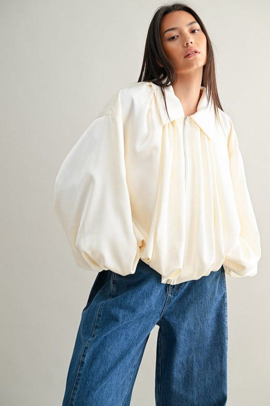 Katy Satin Puffed Sleeve Bomber Jacket Clothing Olivaceous 